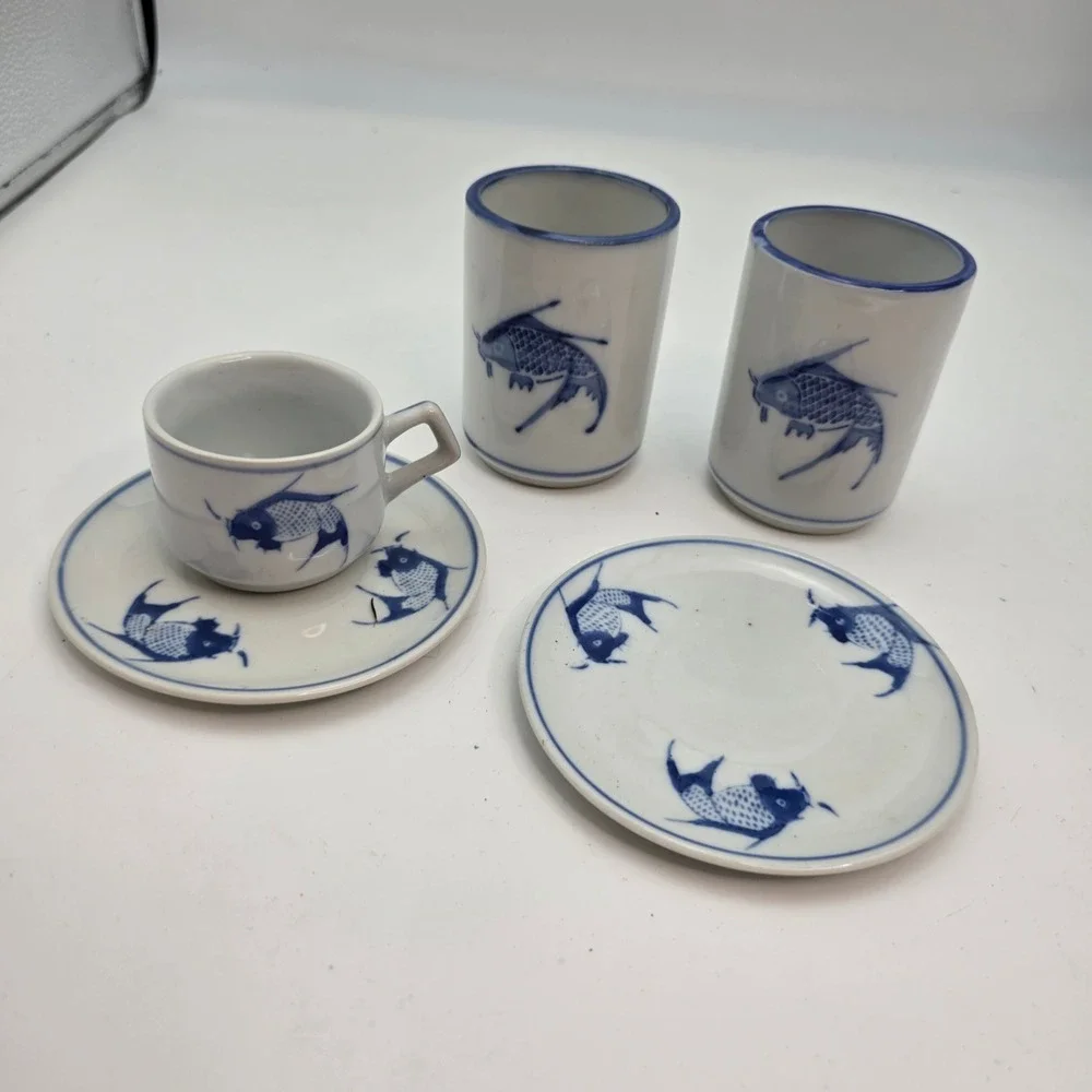 Pier 1 Blue White Koi Fish Ceramic Tea Tumblers and Espresso Cup Saucer Set
